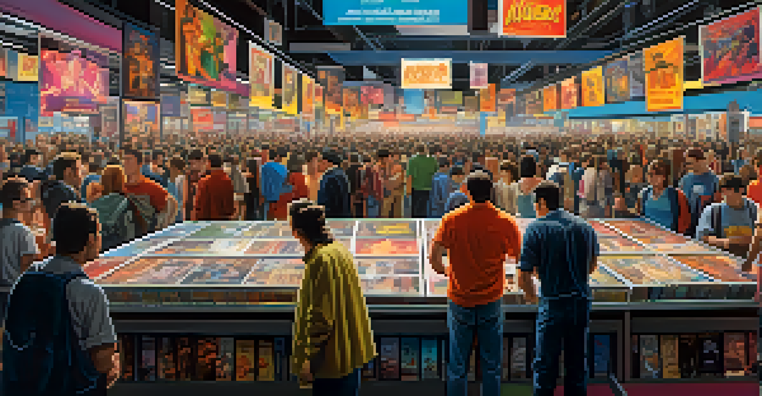 A lively fan convention with attendees exploring tables of cult film merchandise, surrounded by colorful displays and banners.
