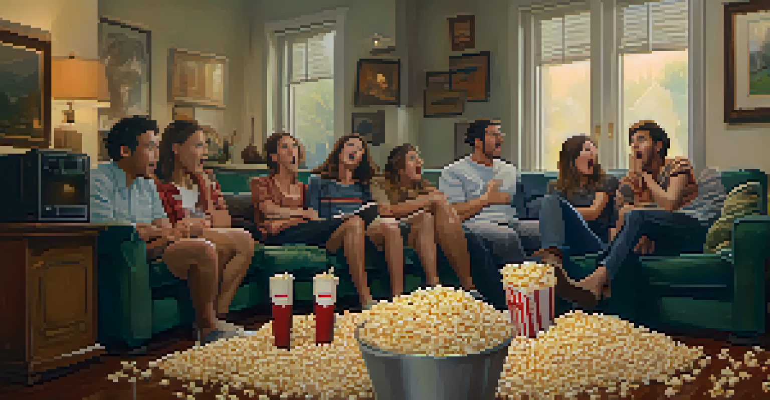 A group of friends in a cozy living room, shocked and engaged while watching a plot twist unfold on a screen, with warm lighting and popcorn around.