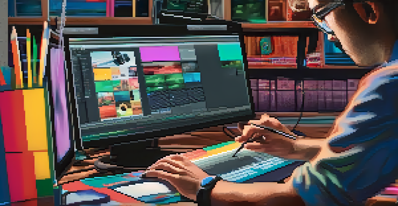 Close-up of a film editor's hands working on a computer, editing video footage with a colorful timeline displayed on the screen.