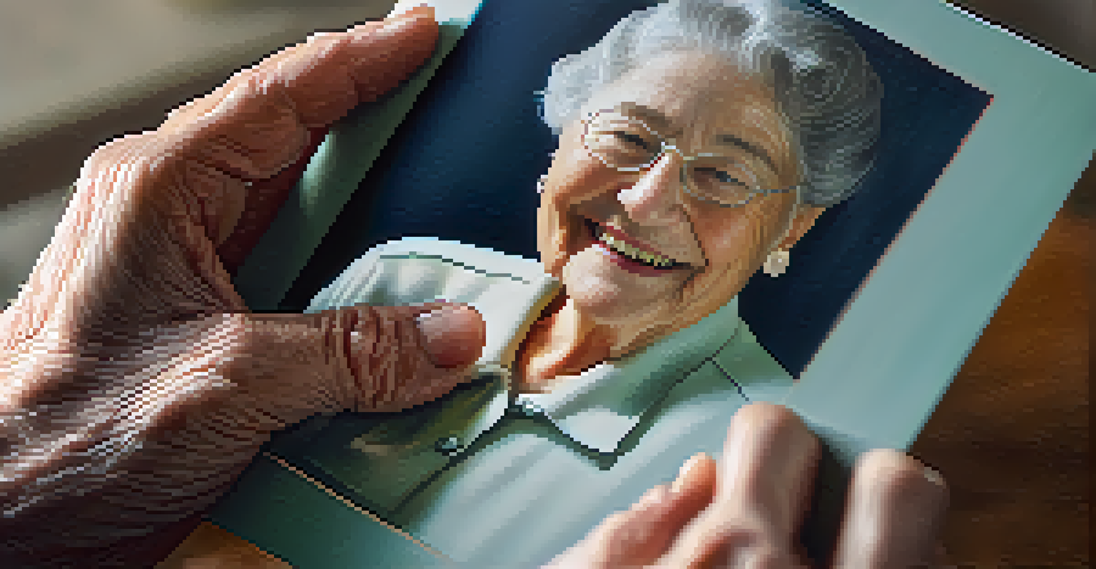 Close-up of an elderly person's hands holding a photograph of a loved one, with soft lighting creating a warm atmosphere.