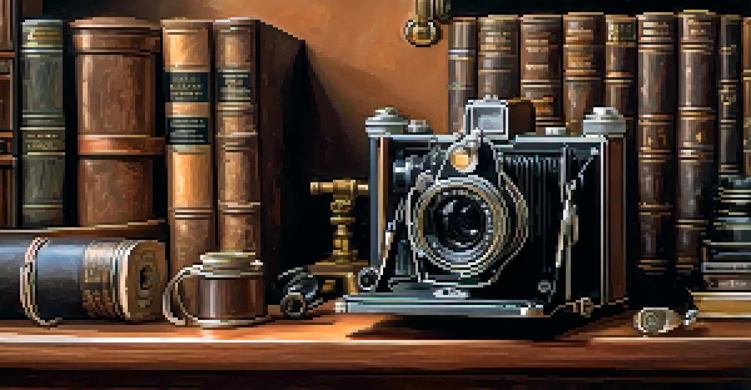 A vintage camera and film reels arranged in a warm-lit still life setting, evoking a sense of nostalgia.