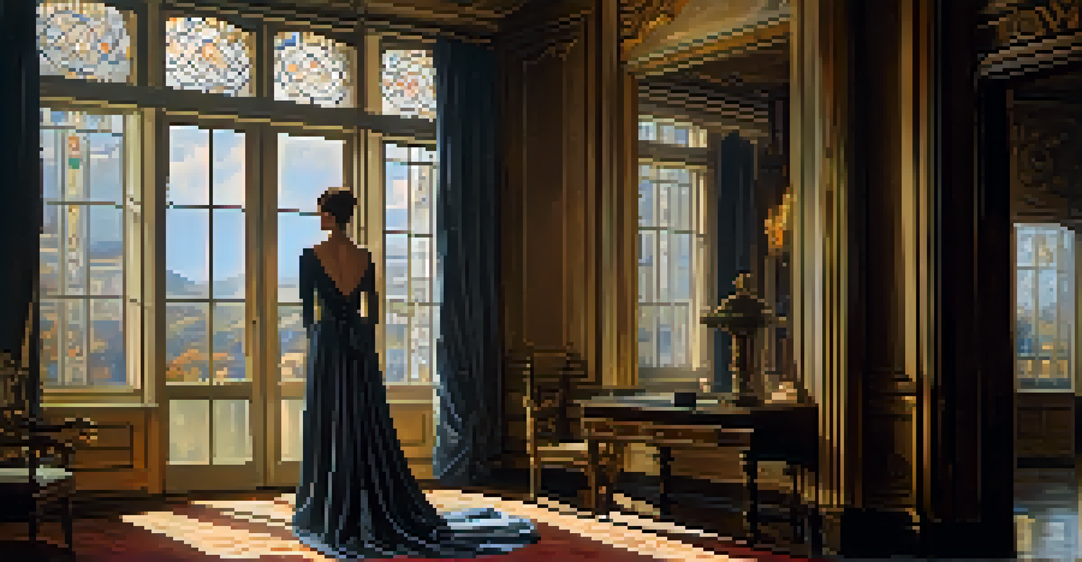 A determined woman in a regal gown stands in front of a window, illuminated by moonlight, with a flickering fireplace in the background.