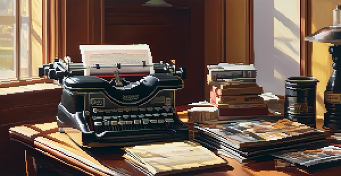 A vintage film critique setting with an old typewriter, film reels, and magazines, illuminated by soft sunlight.