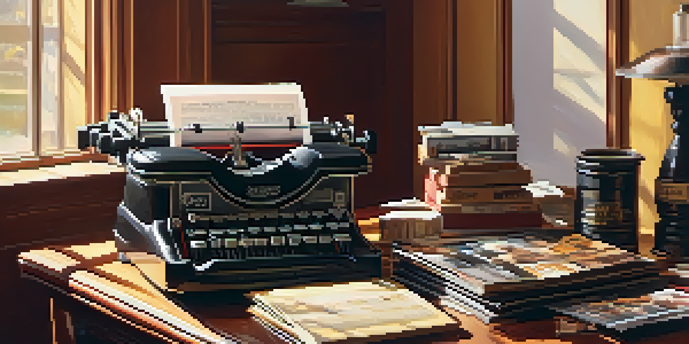 A vintage film critique setting with an old typewriter, film reels, and magazines, illuminated by soft sunlight.