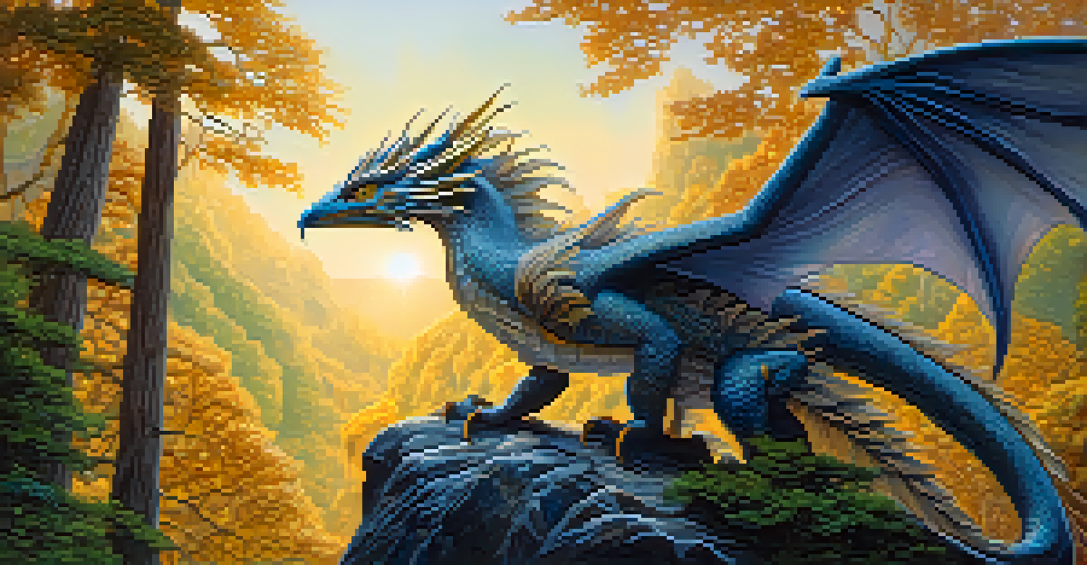 A fantastical creature with shimmering scales and feathers perched on a rocky outcrop in a mystical forest.