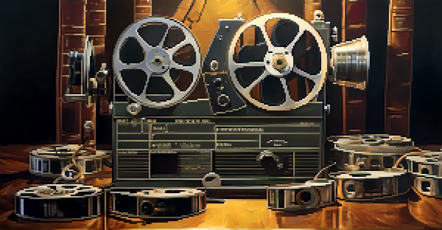 A close-up of a historical film reel with unwound film strips and vintage camera equipment on a wooden table.