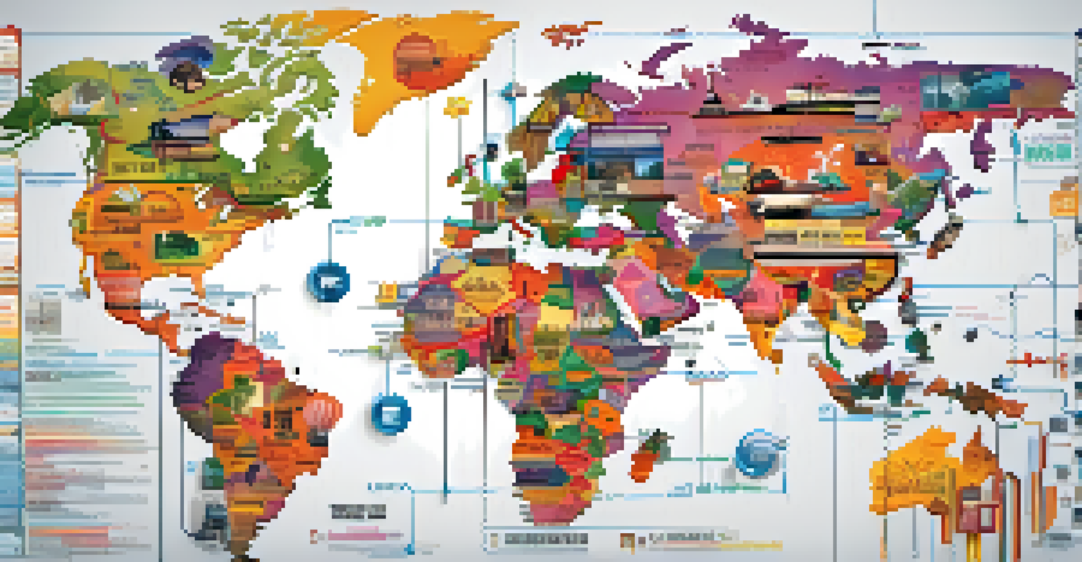 A global map illustrating international film distribution routes with cultural icons and film reels, alongside statistics on ticket sales.