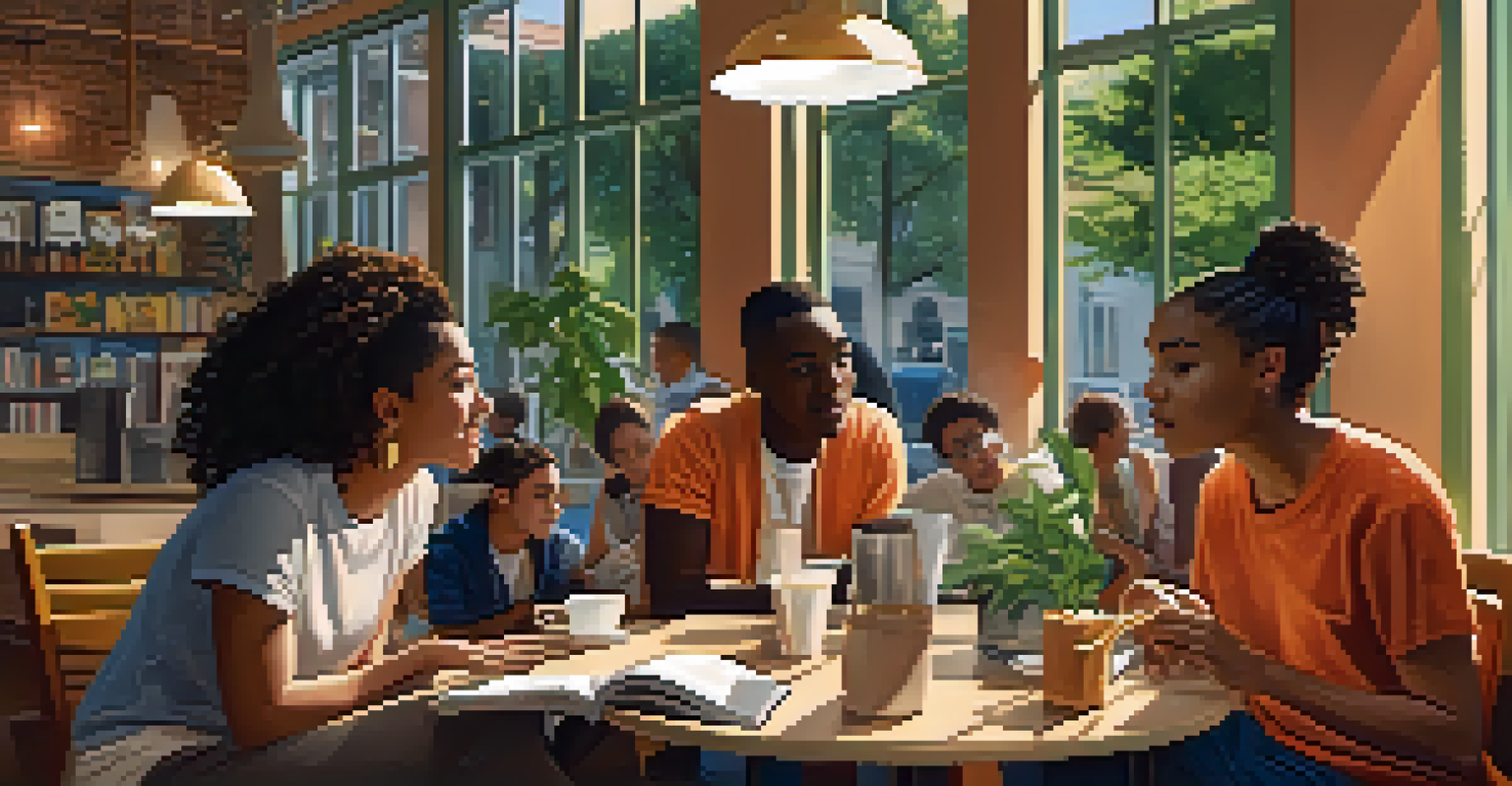 A group of diverse young adults in a café, engaging in a lively discussion about a book and its film adaptation.