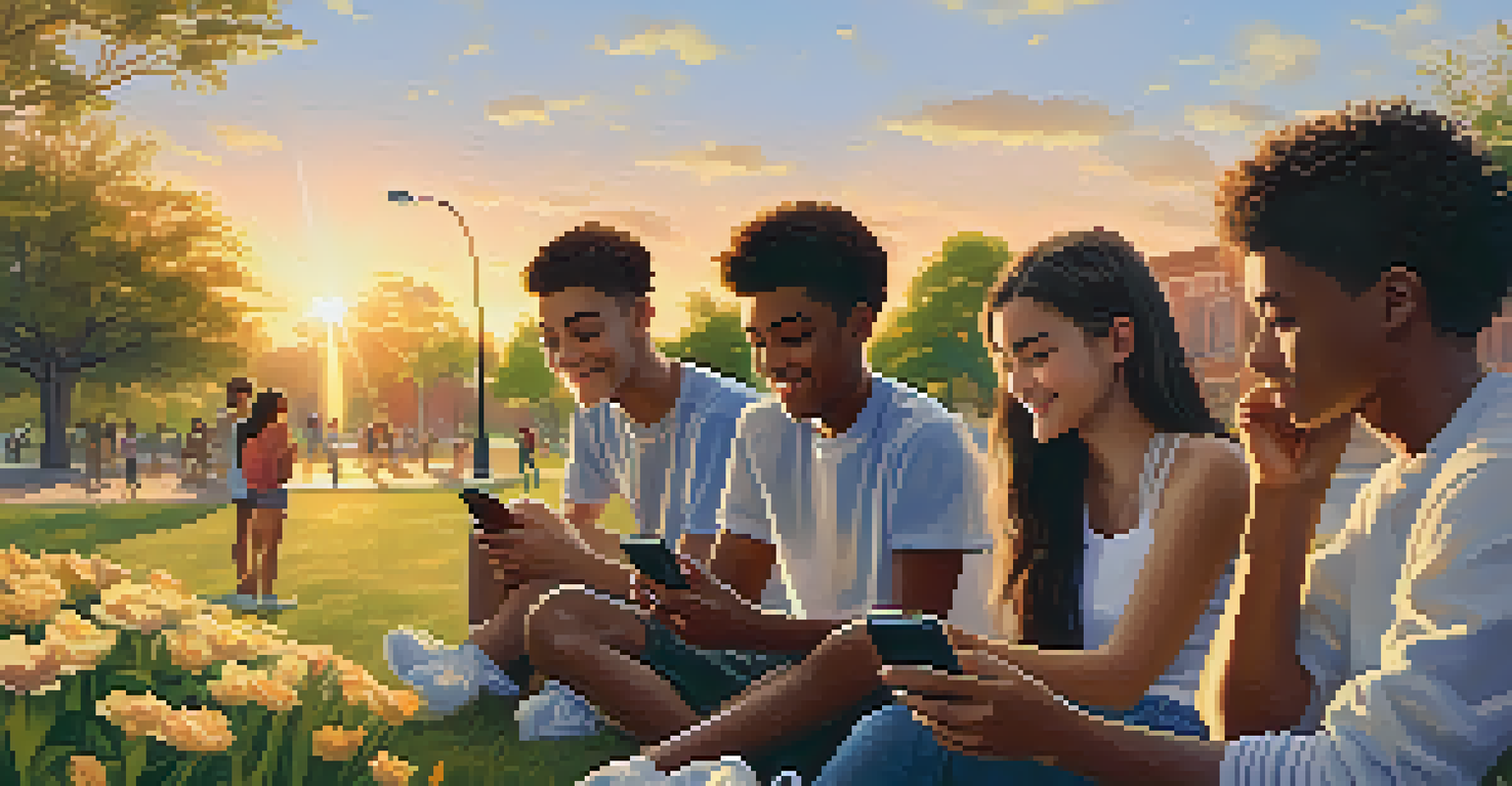 Diverse teenagers in a park using smartphones during sunset.