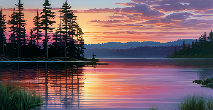 A beautiful sunset over a calm lake, showcasing vibrant colors and reflections on the water.