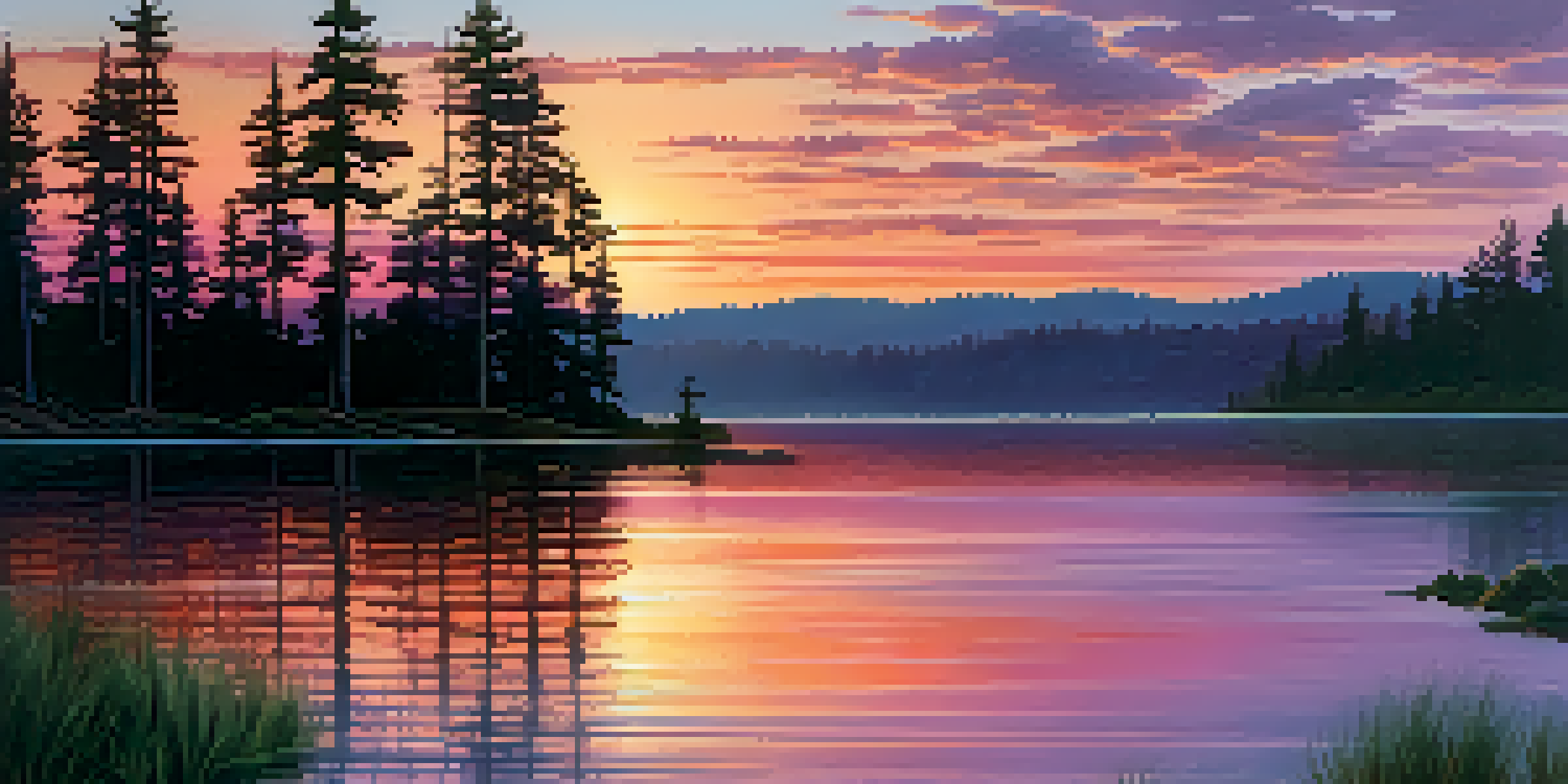 A beautiful sunset over a calm lake, showcasing vibrant colors and reflections on the water.