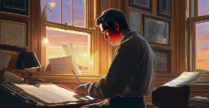 A film music composer in a cozy studio, illuminated by warm light, writing music notes with instruments around them.