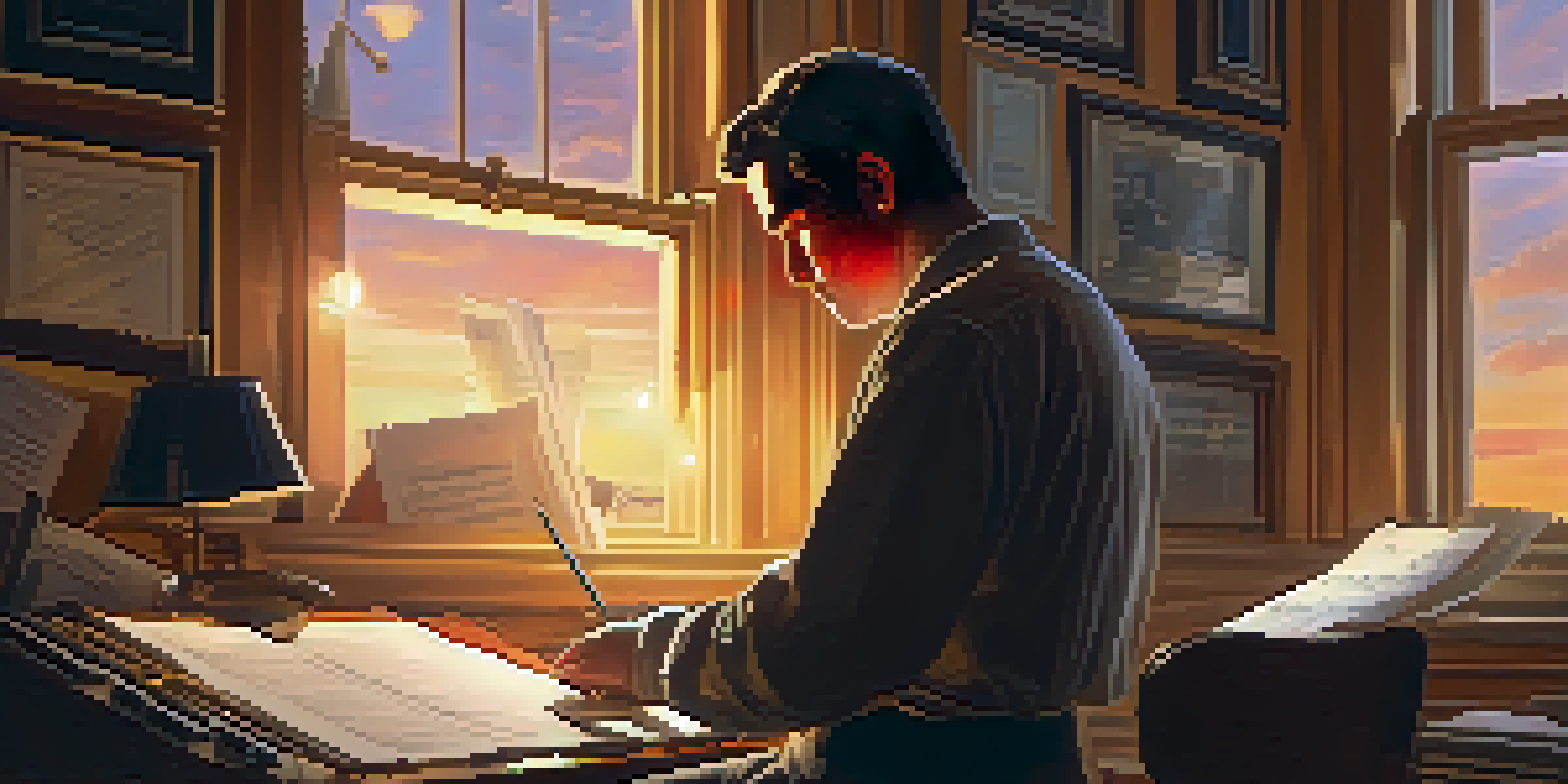 A film music composer in a cozy studio, illuminated by warm light, writing music notes with instruments around them.