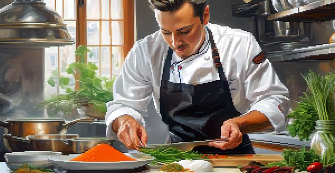 A modern chef in a bright kitchen preparing a contemporary dish with traditional ingredients, showcasing a fusion of culinary styles.