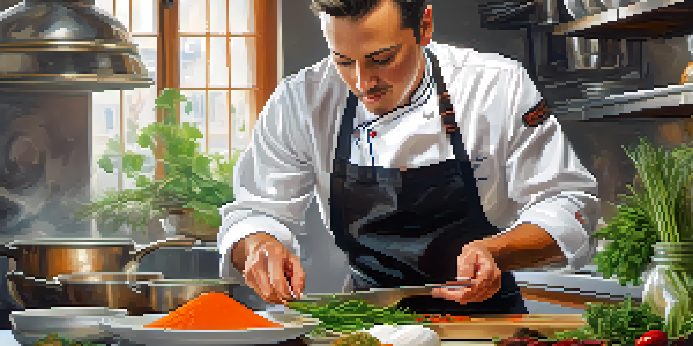 A modern chef in a bright kitchen preparing a contemporary dish with traditional ingredients, showcasing a fusion of culinary styles.
