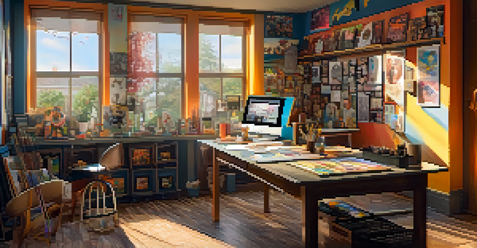 An artistic workspace showcasing fan art inspired by cult films, with colorful posters and cluttered art supplies in a sunlit room.