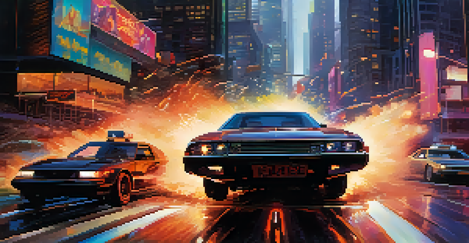 A thrilling car chase in a futuristic city with a driver in focus and explosions in the background.