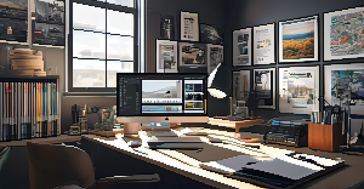 A modern filmmaker's workspace with a camera setup, editing software, and creative elements on the desk.