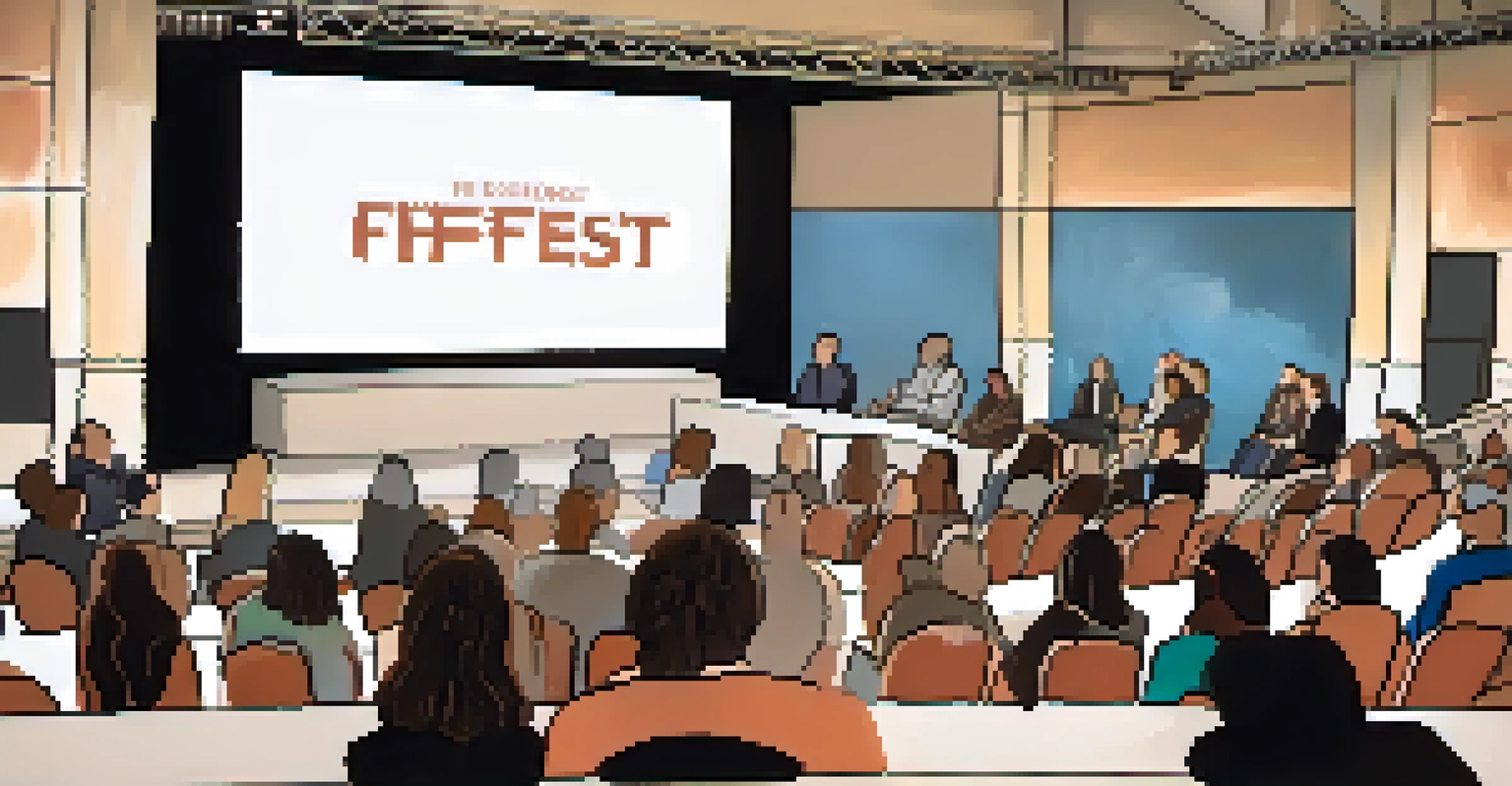 A panel discussion at AFI Fest with filmmakers and actors on stage, surrounded by an attentive audience in a softly lit room, fostering an engaging atmosphere.