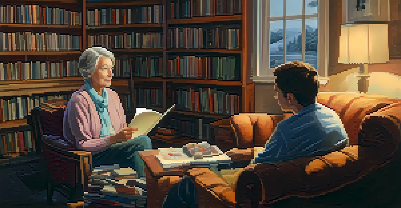An older woman sharing her life story in a cozy room while a young man listens attentively.