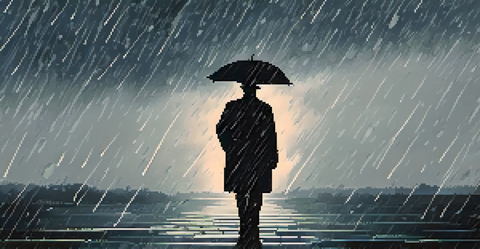A minimalist film poster with a silhouette of a figure with an umbrella in the rain, featuring elegant vintage typography.