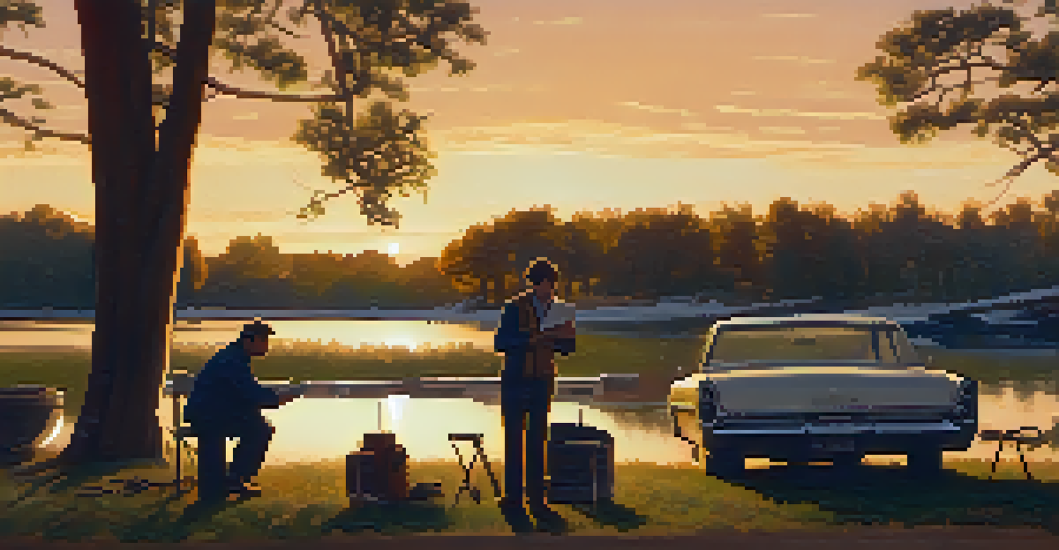 A producer reviewing a script with a writer outdoors during sunset, surrounded by trees and film equipment.