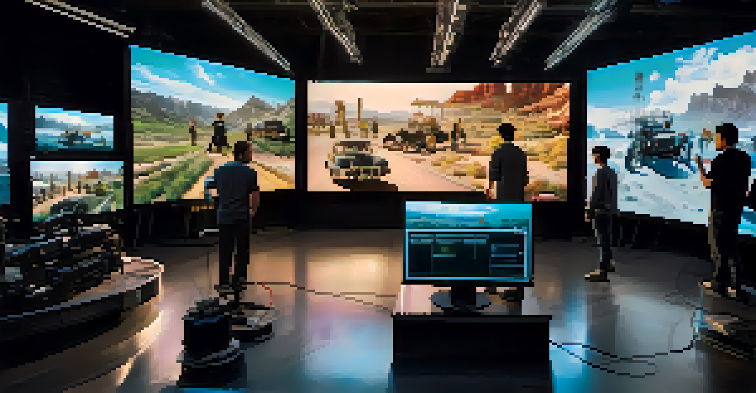 A busy film set with filmmakers using technology and high-resolution screens.