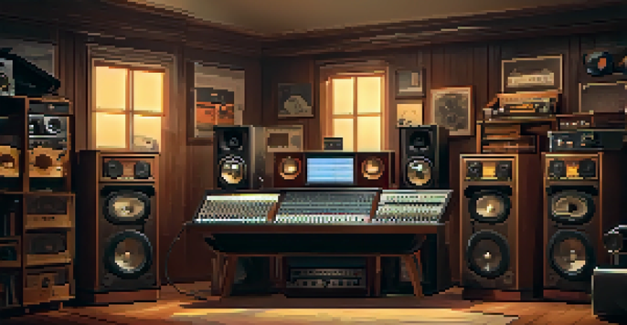 A vintage sound design studio filled with analog equipment and warm lighting.