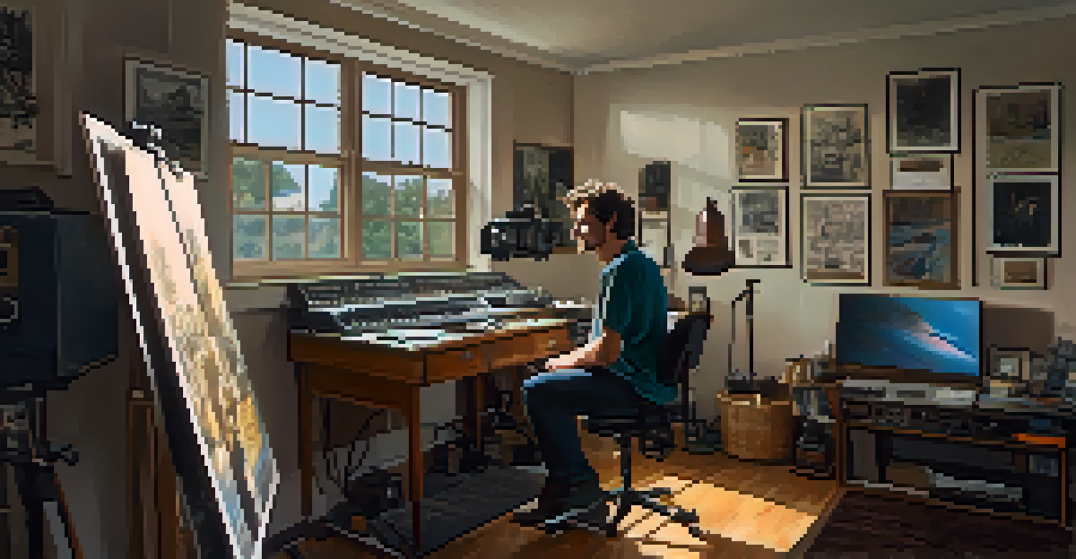 A filmmaker in a small-town studio, editing a film surrounded by equipment and cultural artifacts, with soft natural light coming through a window.