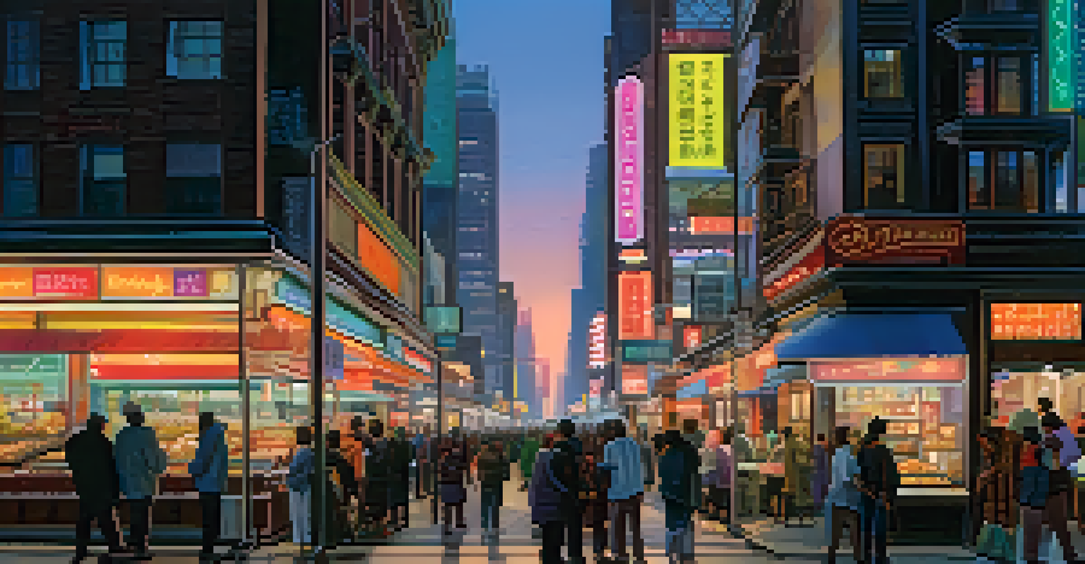 A lively city street at dusk, filled with people and illuminated by streetlights and neon signs, with tall buildings in the background.