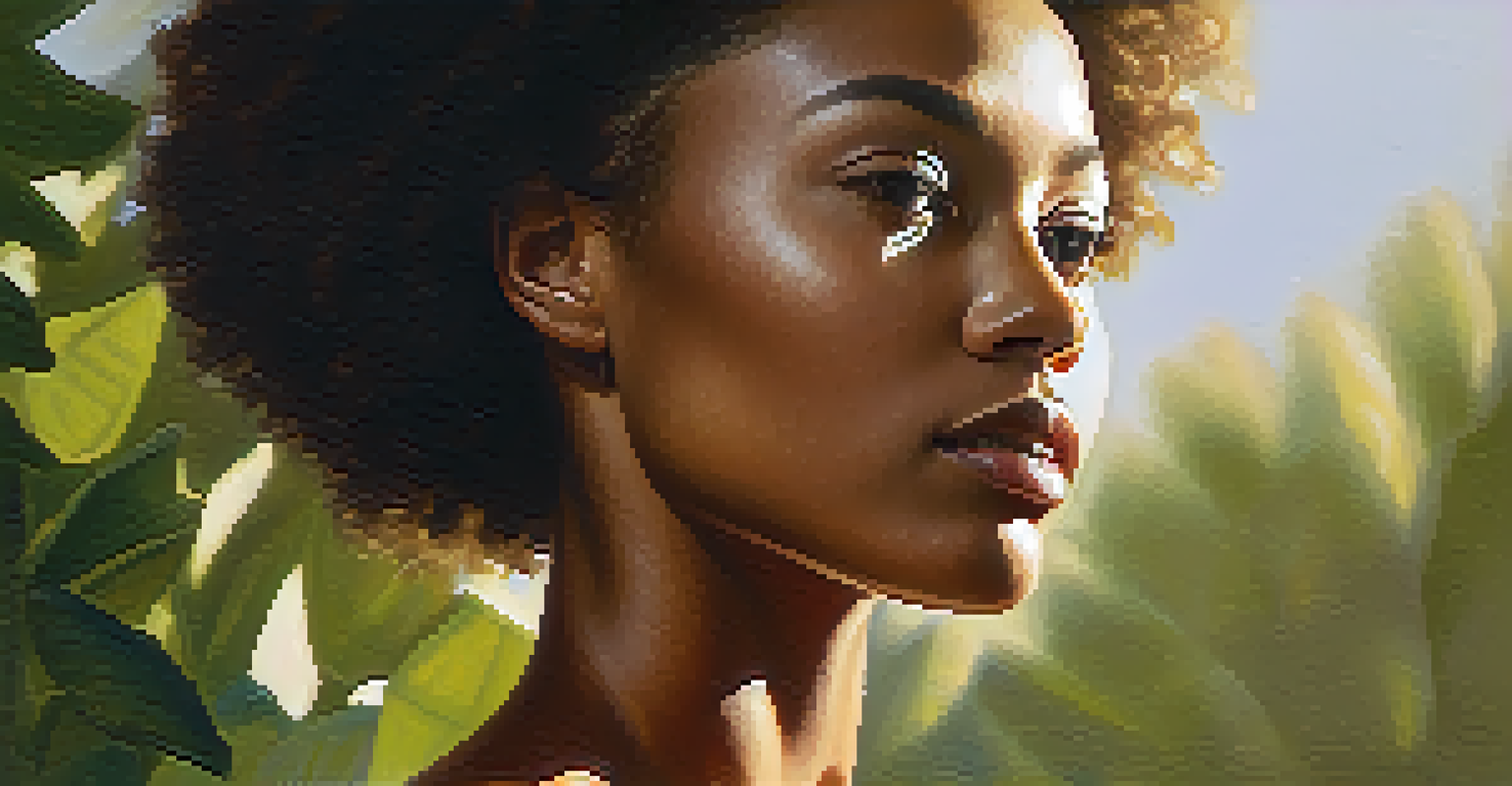 A close-up of an African descent woman looking thoughtfully into the distance, illuminated by warm light.