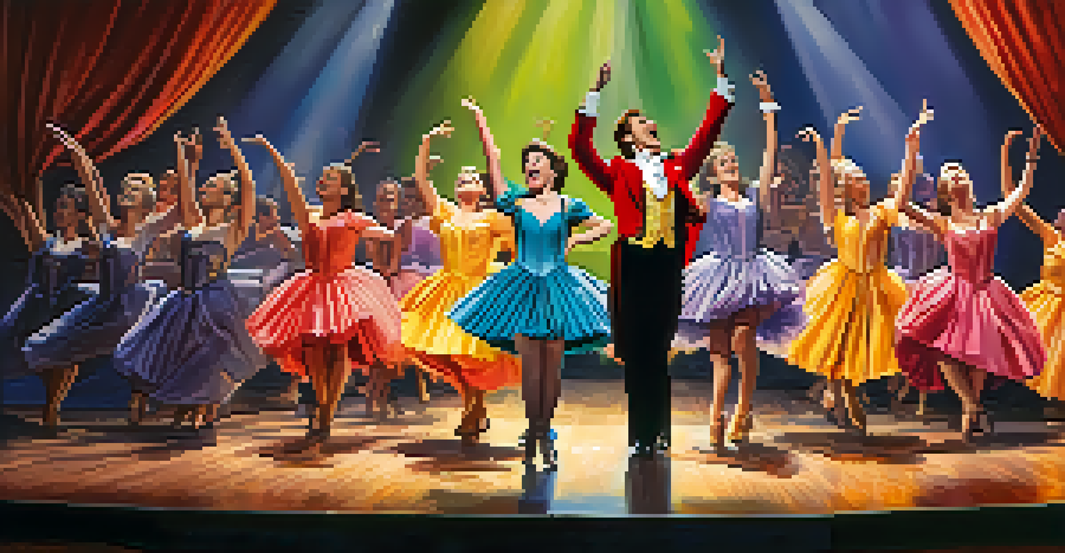 An ensemble cast performing joyfully on stage in colorful costumes, showcasing the energy of classic musicals with bright stage lighting.