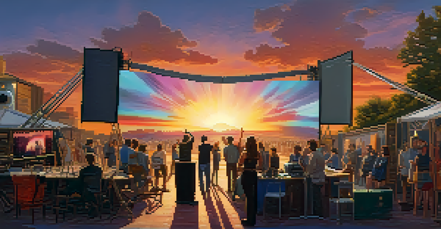 A busy film set at sunset with a director guiding actors and colorful lights illuminating the scene.