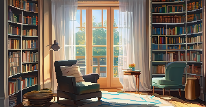 A cozy reading nook featuring a plush armchair, a cup of tea on a side table, and bookshelves filled with colorful novels in a softly lit room.