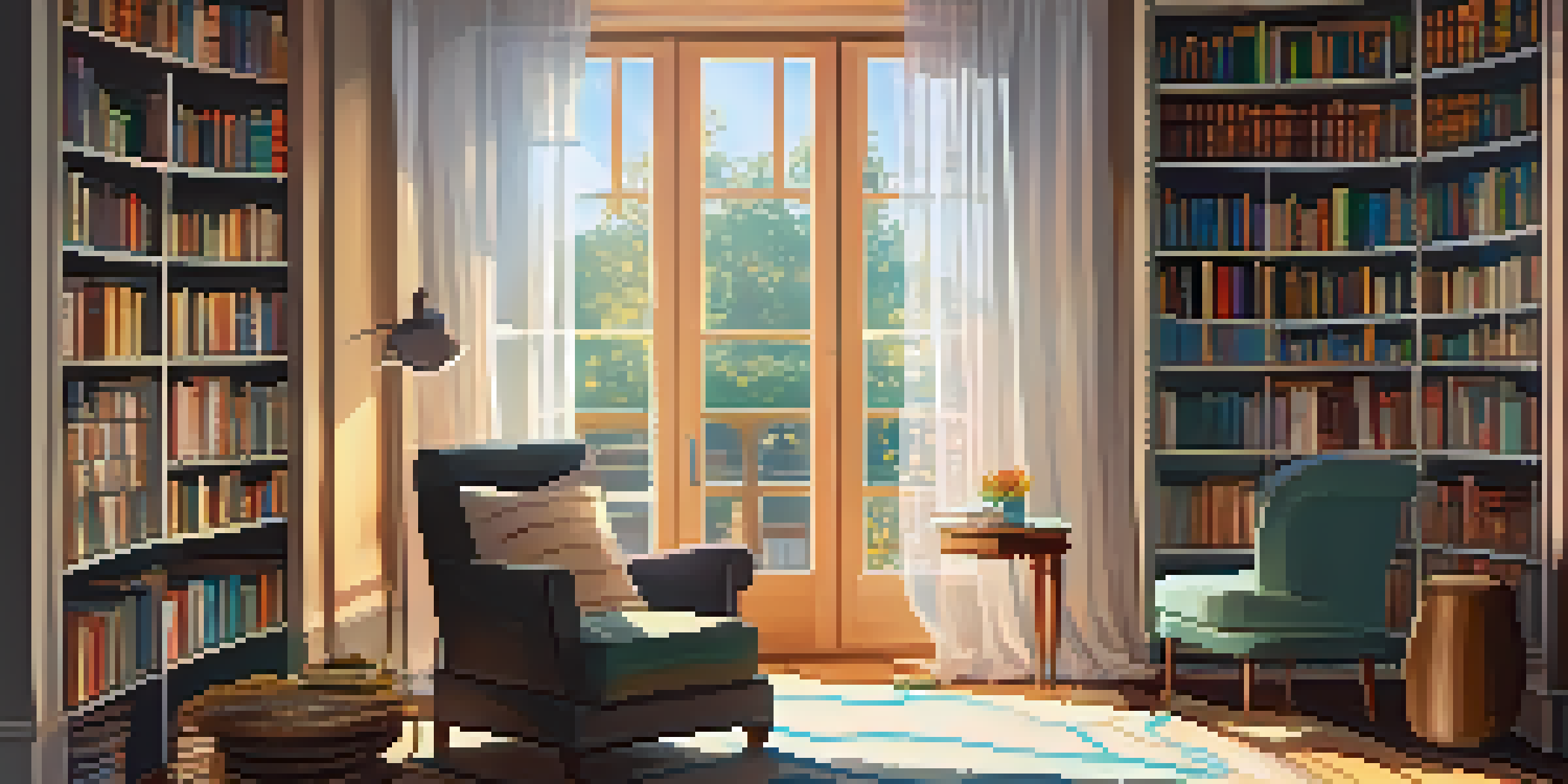 A cozy reading nook featuring a plush armchair, a cup of tea on a side table, and bookshelves filled with colorful novels in a softly lit room.