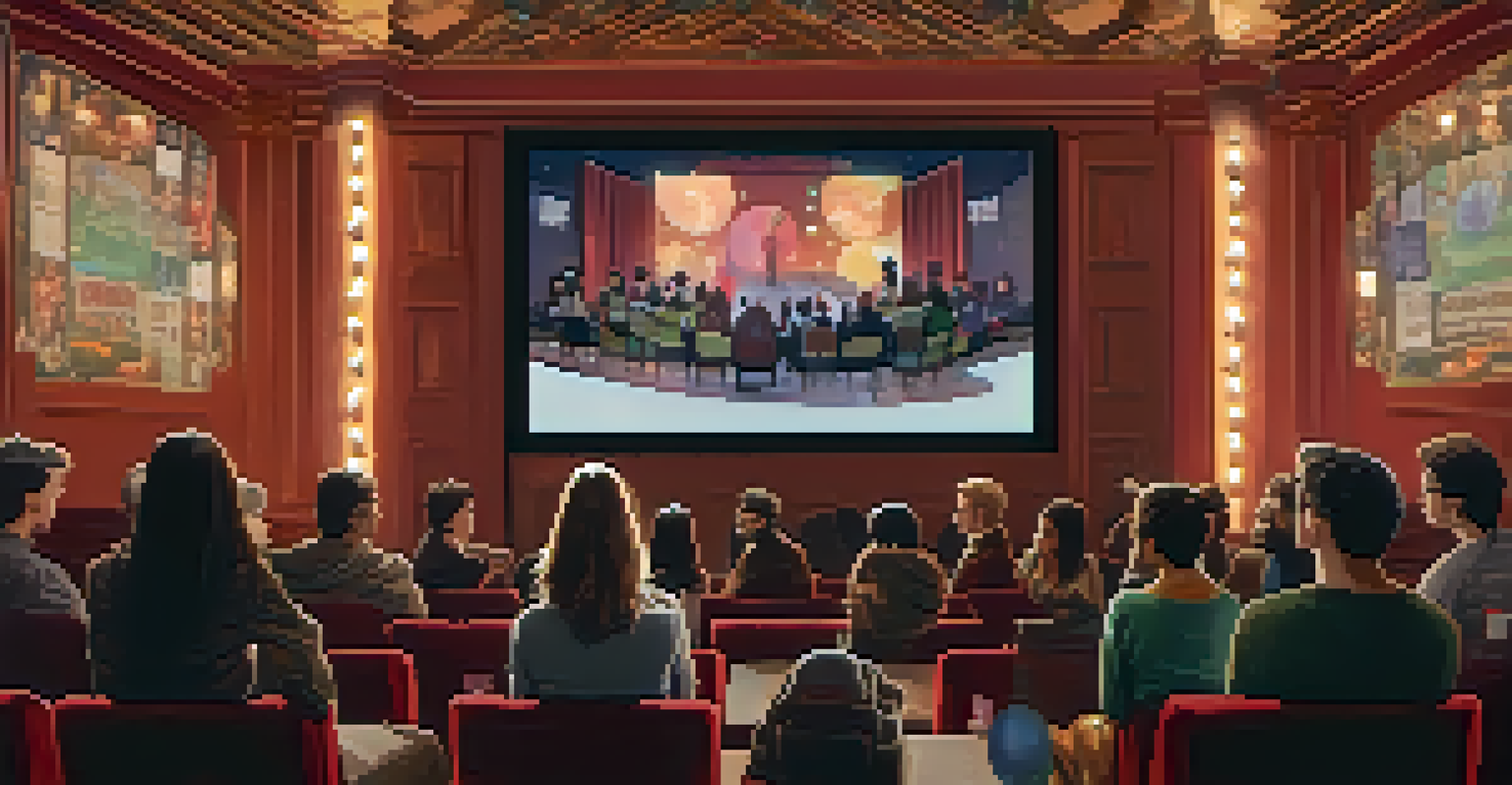 An intimate film festival with a cozy audience watching a captivating foreign film on a large screen.