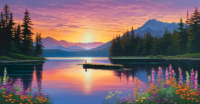 A sunset over a calm lake with colorful reflections and a wooden dock surrounded by wildflowers.