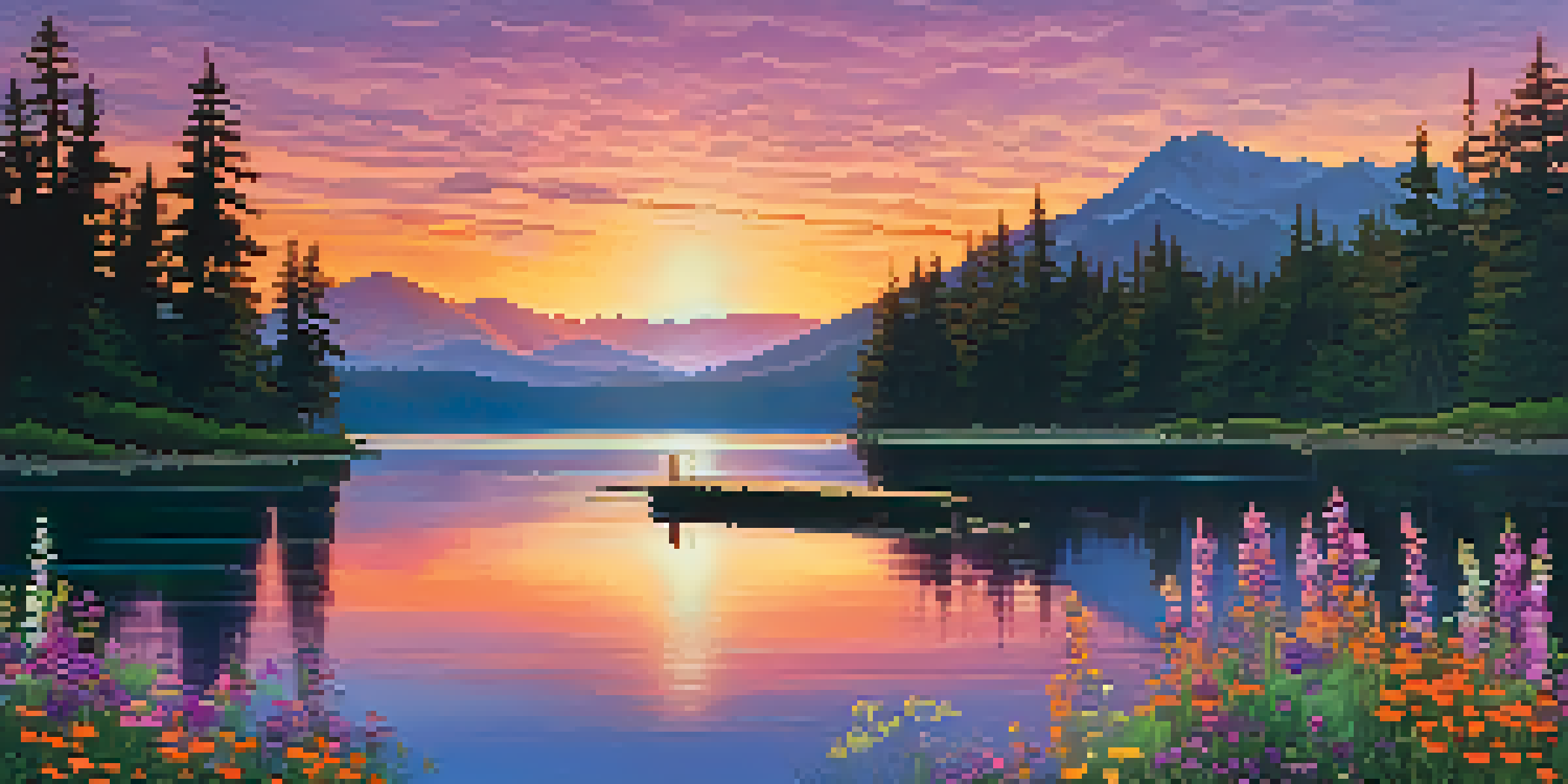 A sunset over a calm lake with colorful reflections and a wooden dock surrounded by wildflowers.