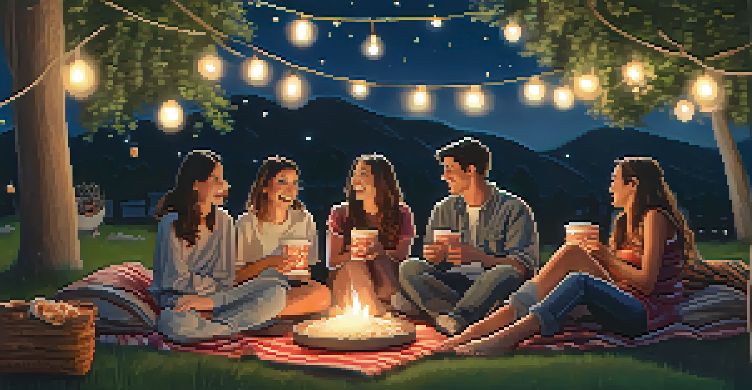 Friends having an outdoor movie night under the stars with blankets and snacks.