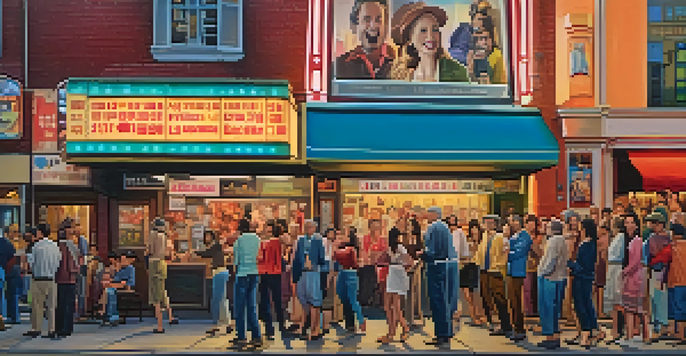 A lively street scene with a diverse group of people discussing and laughing in front of a cinema showing a satirical film, with colorful posters and warm lighting.