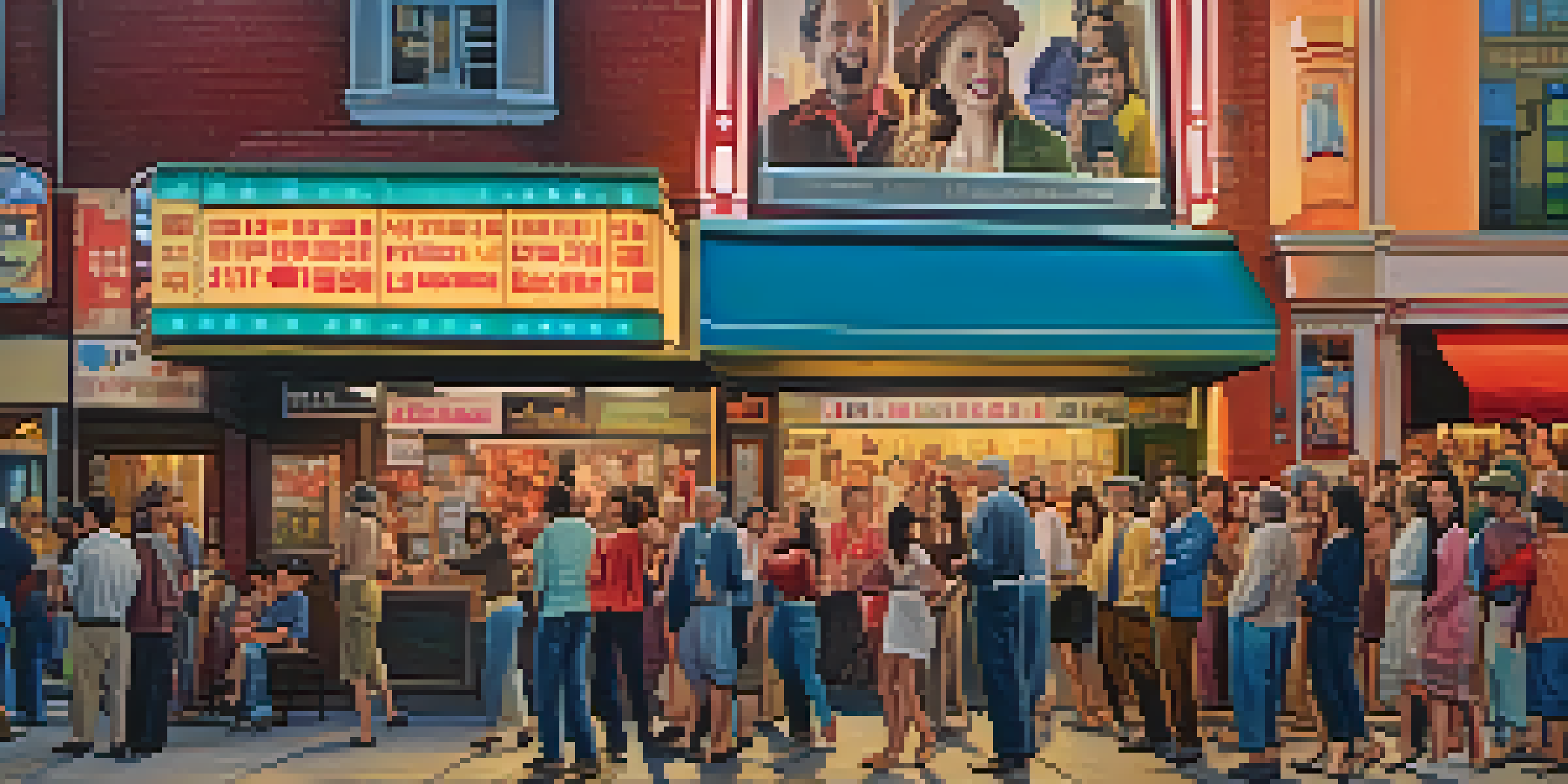 A lively street scene with a diverse group of people discussing and laughing in front of a cinema showing a satirical film, with colorful posters and warm lighting.