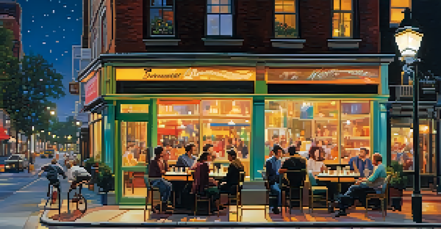 A lively city street at night with bright lights and people enjoying the atmosphere.