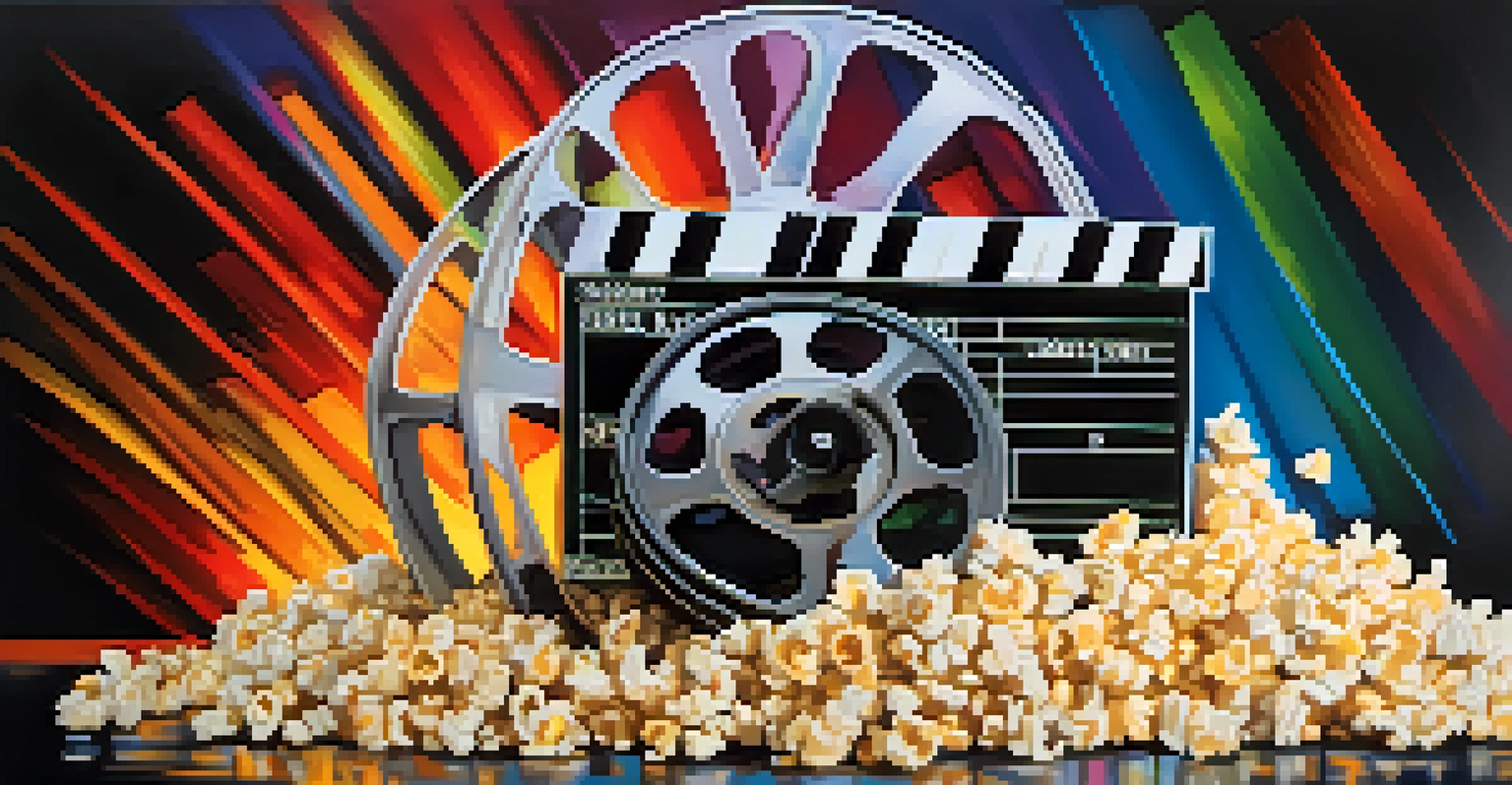 A colorful depiction of a film reel unraveling, with iconic film scenes emerging, set against a backdrop of cinematic elements and a spotlight.