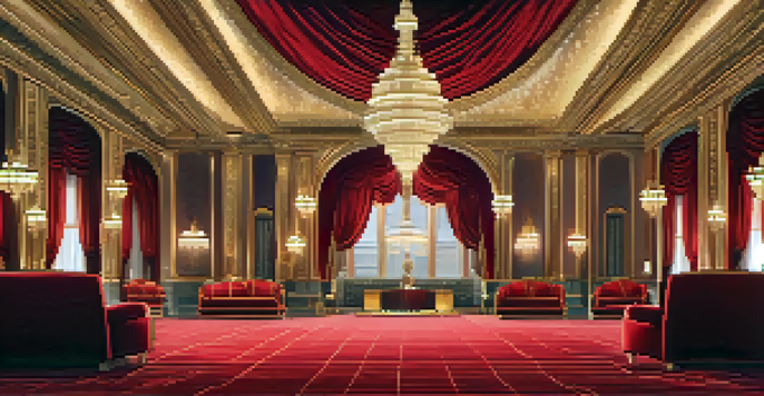 An opulent movie theater interior featuring elegant chandeliers, red velvet seats, and intricate architectural details.