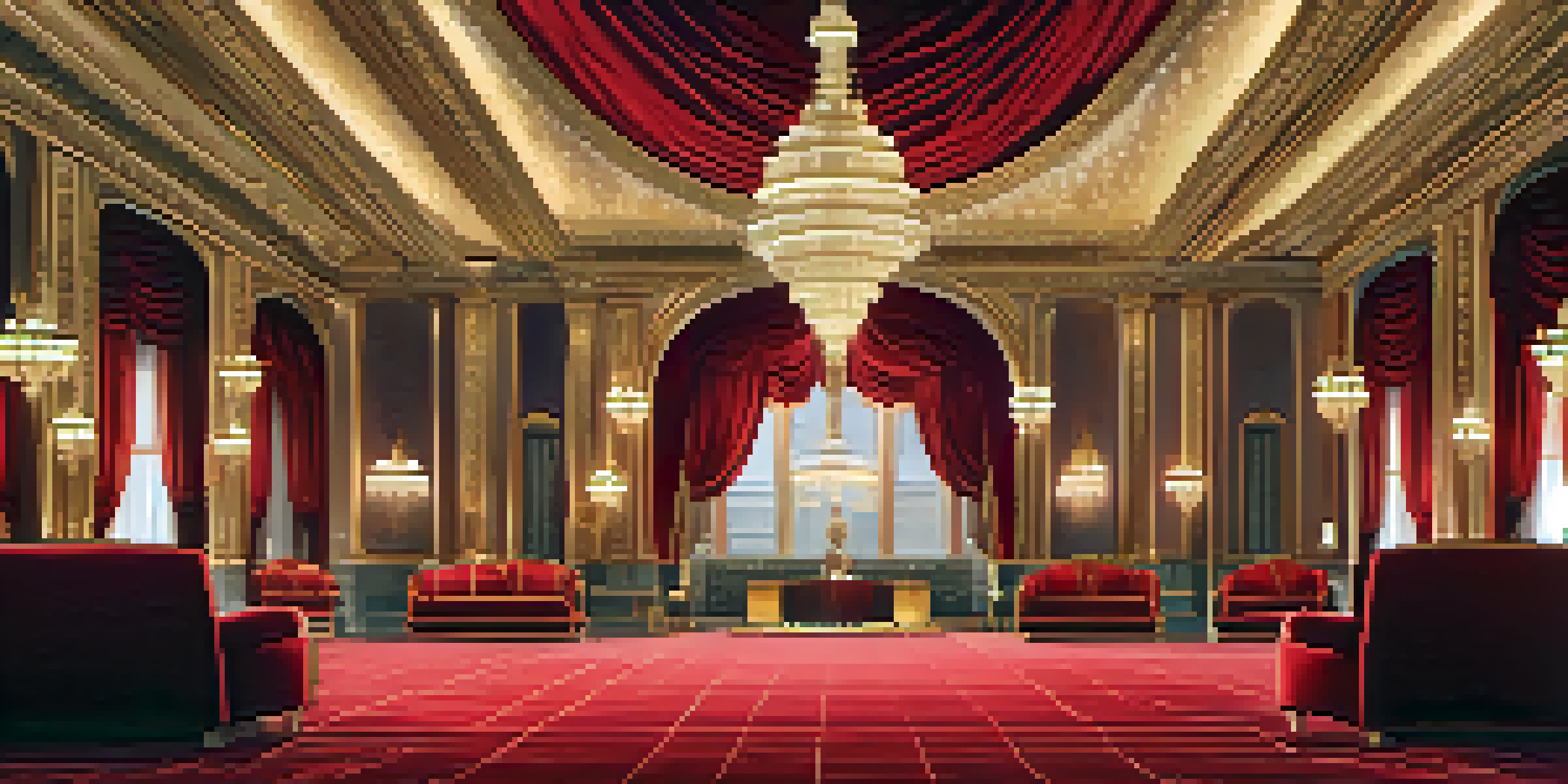 An opulent movie theater interior featuring elegant chandeliers, red velvet seats, and intricate architectural details.