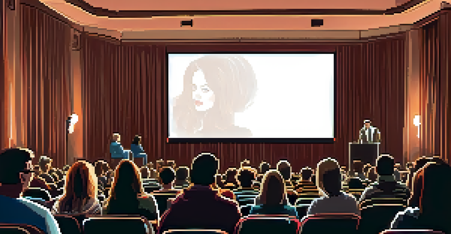 A filmmaker speaking at a Q&A session, engaged audience in the foreground, and a large screen showcasing film scenes in the background.