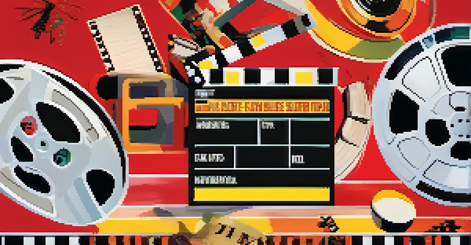 A colorful movie marketing poster with iconic elements like a clapperboard and film reel, designed to evoke excitement.