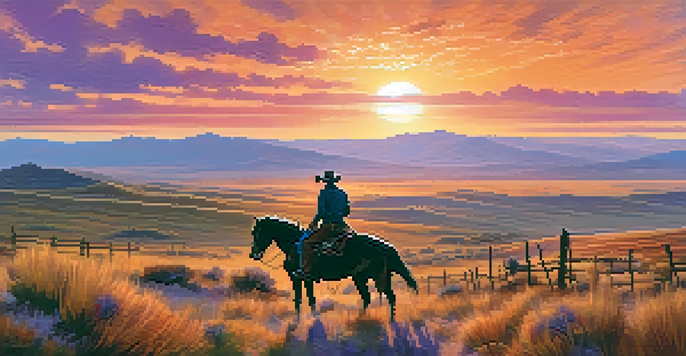A cowboy on horseback silhouetted against a colorful sunset over a rugged Western landscape.