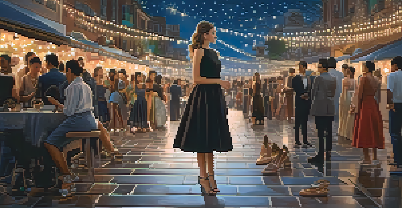 A modern Cinderella figure in a stylish dress surrounded by culturally diverse shoes, set against a city skyline at twilight.