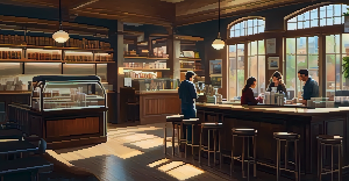 A warm and inviting coffee shop interior with wooden furniture and soft lighting, featuring shelves of books and a barista making coffee.